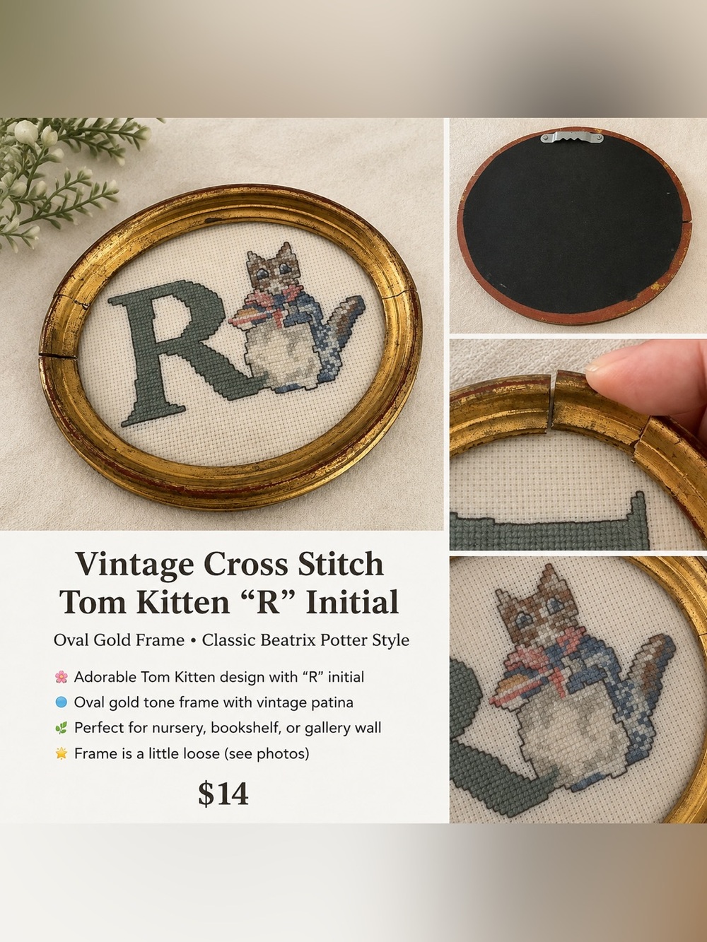 Vintage Beatrix Potter Tom Kitten “R” Cross Stitch Wall Art – Oval Gold Frame